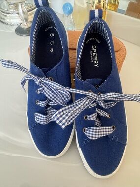 Sperry Blue Canvas Slip-On Sneakers with Gingham Trim US 8.5